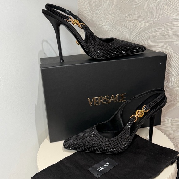Versace Black Crystal Slingback Pumps with Medusa Detail - Picture 2 of 4